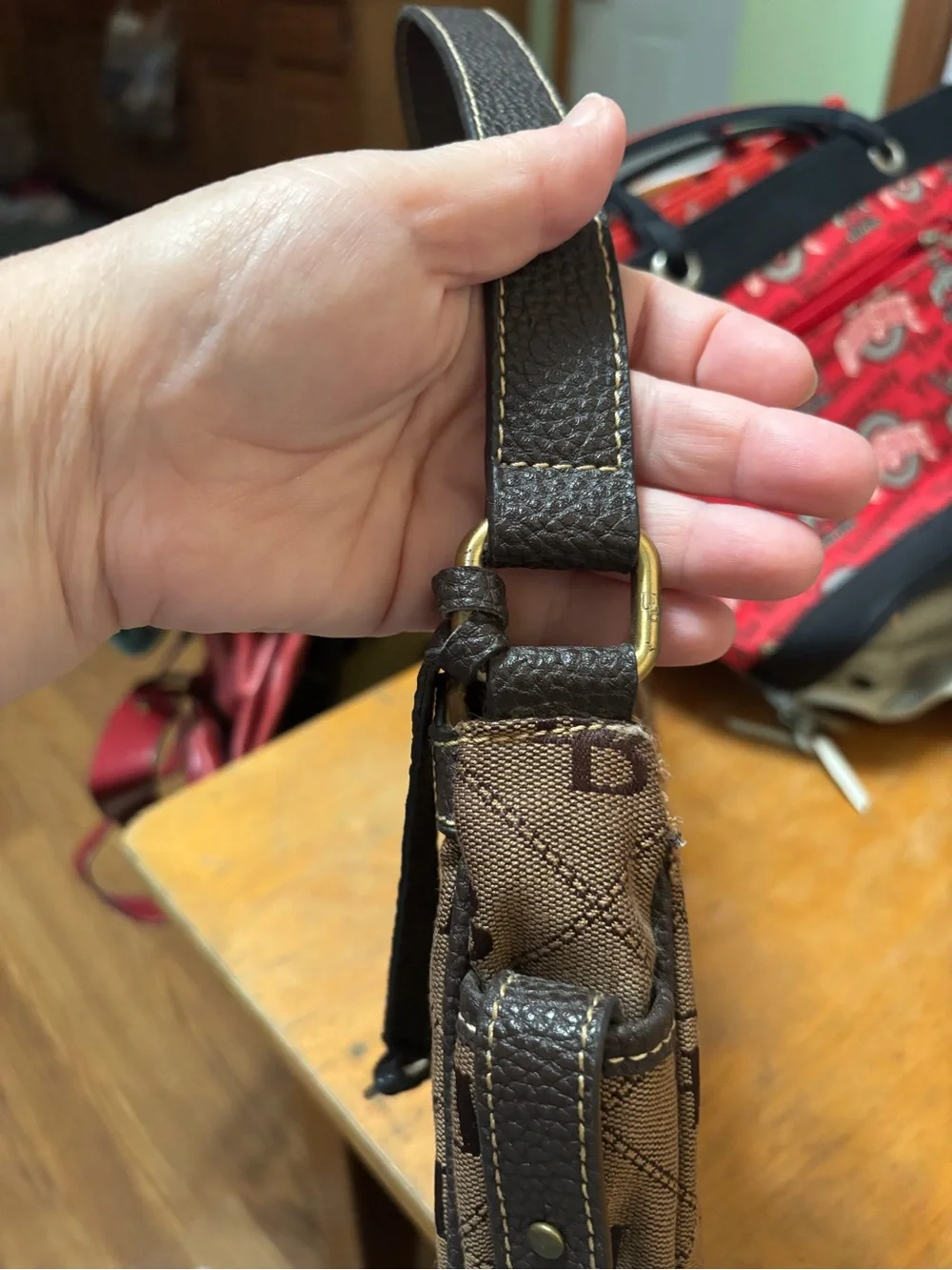 Dooney & Bourke Brown Monogram Shoulder Bag with Green Charm